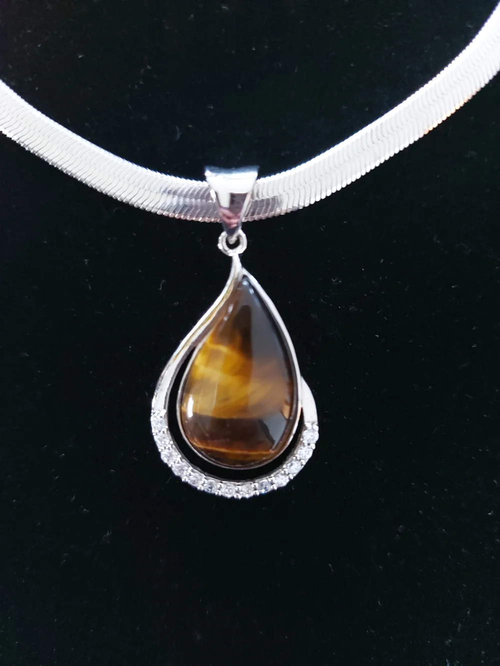 Tiger Eye Crystals Teardrop Pendant Necklace Silver Tone  Statement Necklace